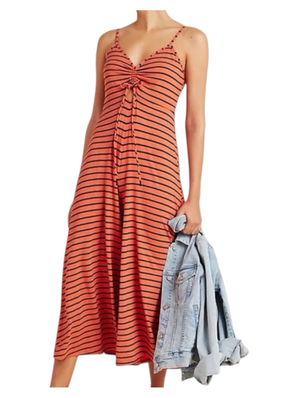 Anthropologie Lissa Wide Leg Jumpsuit Striped Tie Front Coral Navy Blue Medium